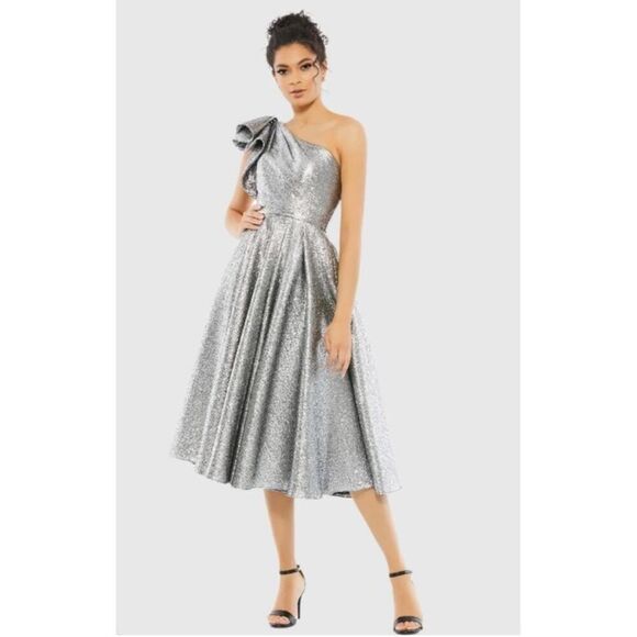 MAC DUGGAL Silver One Shoulder Bow Midi Dress NWT! - Picture 1 of 10